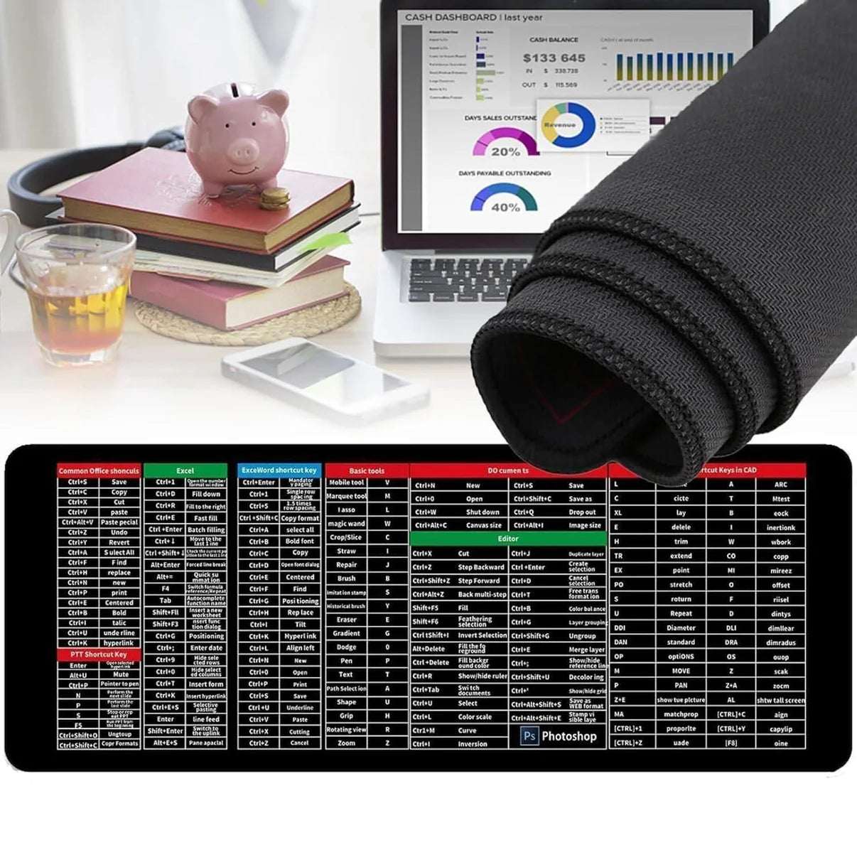 Anti-Slip Excel/Windows Shortcut Keyboard Mouse Pad/Mat - Large Size XXL (80x30cm)