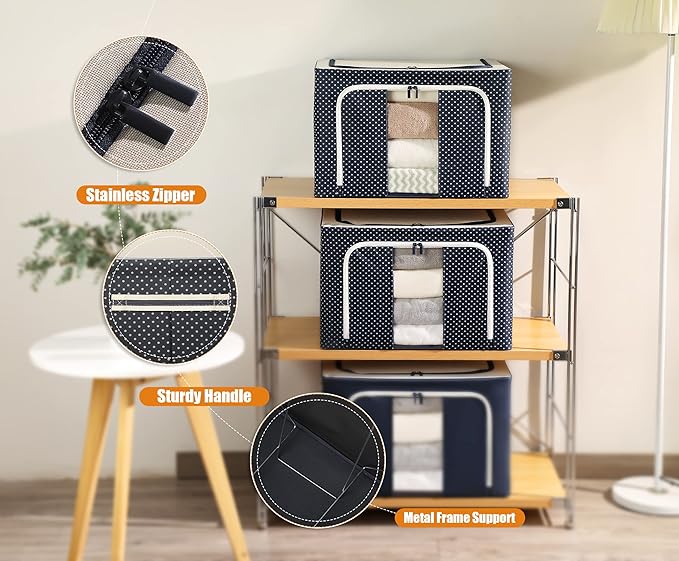 Clothes Storage Organiser Container : Oxford Cloth Steel Frame Box with Foldable Clear Window & Reinforced Handles - XXL Size 66lt Capacity