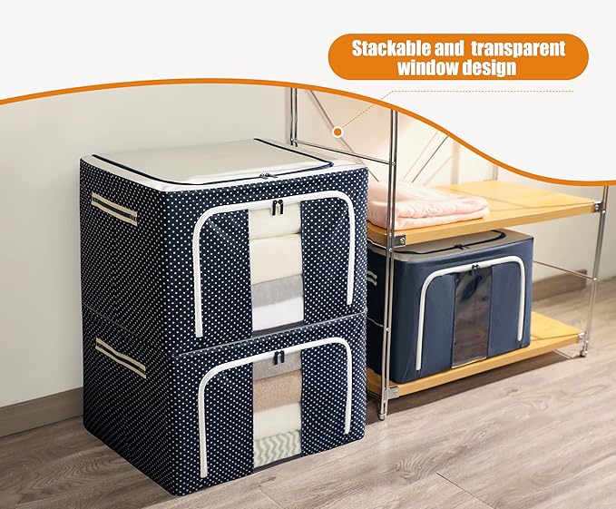 Clothes Storage Organiser Container : Oxford Cloth Steel Frame Box with Foldable Clear Window & Reinforced Handles - XXL Size 66lt Capacity