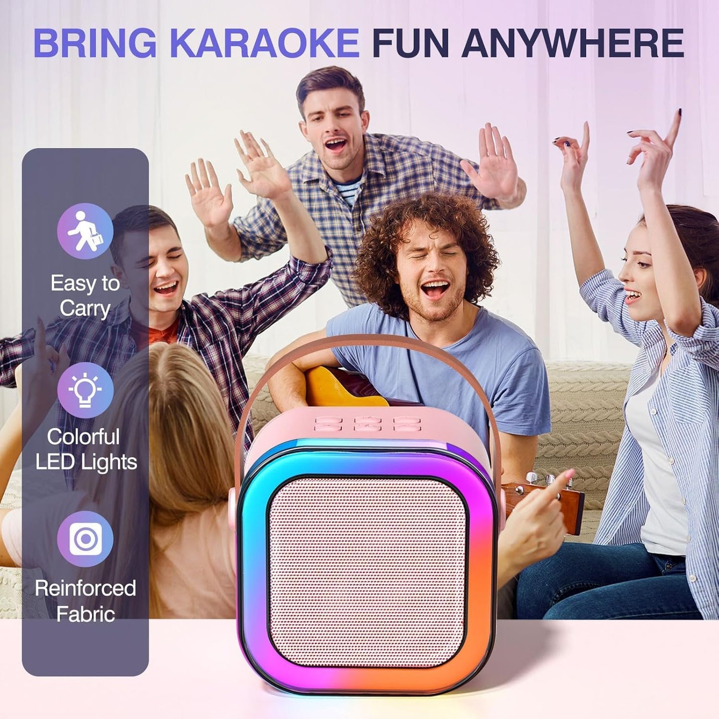 2 Mic Wireless Karaoke Speaker with Dual Mic, 6W Bluetooth Speaker with RGB Lighting for Party & Kids