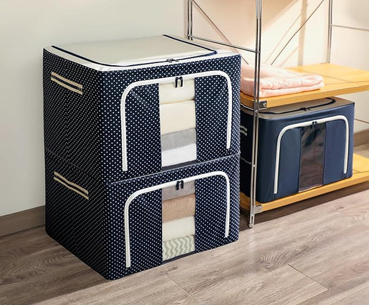 Clothes Storage Organiser Container : Oxford Cloth Steel Frame Box with Foldable Clear Window & Reinforced Handles  - XXL Size 66lt Capacity